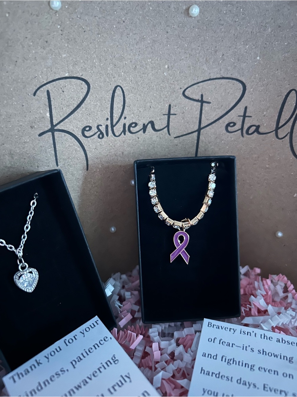 Silver heart crystal Necklace with Purple Ribbon Pendant bracelet